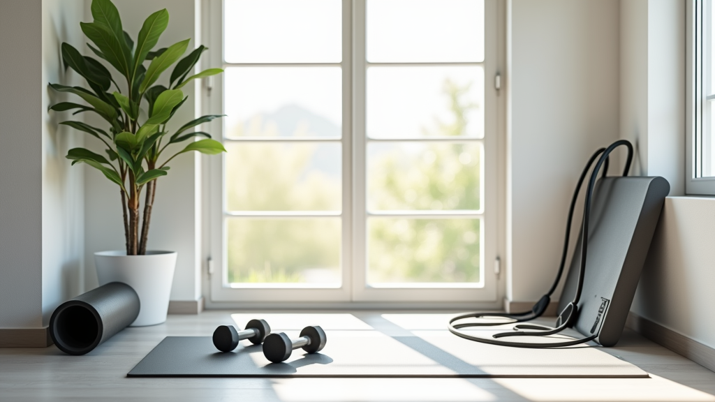 Modern, sleek home gym space with natural light, workout equipment, and inviting atmosphere